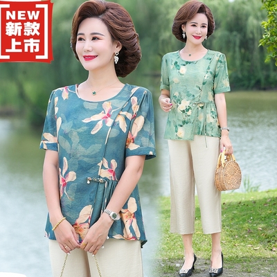 妈妈夏装棉麻小衫套装中老年阔太太女洋气高贵短袖T恤上衣两件套
