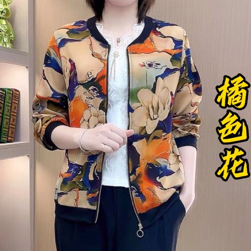 50多岁妈妈夏装雪纺时尚开衫长袖外套2025新款大码宽松百搭棒球服
