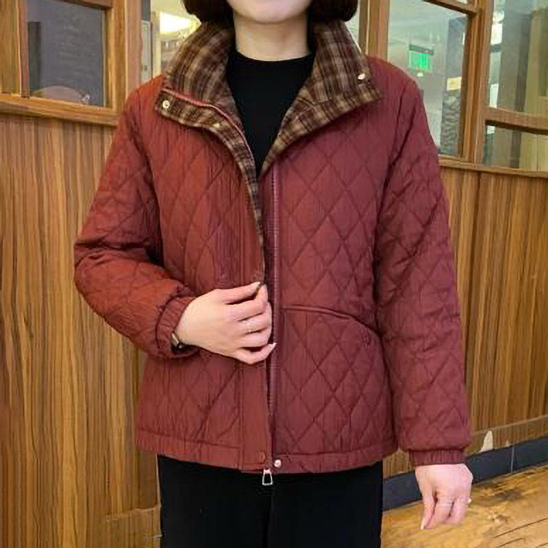 冬季新款妈妈时尚立领纯色加绒加厚菱形格中老年保暖棉服棉衣外套
