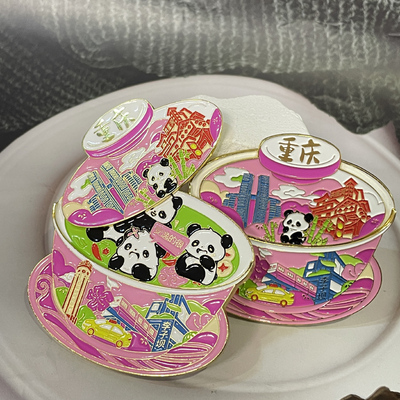 重庆盖碗茶萌熊猫金属珐琅冰箱贴