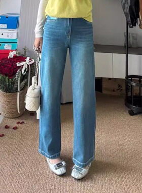 CJ 新款女士法棍牛仔裤 蓝色直筒高腰垂感软牛仔长裤显瘦百搭