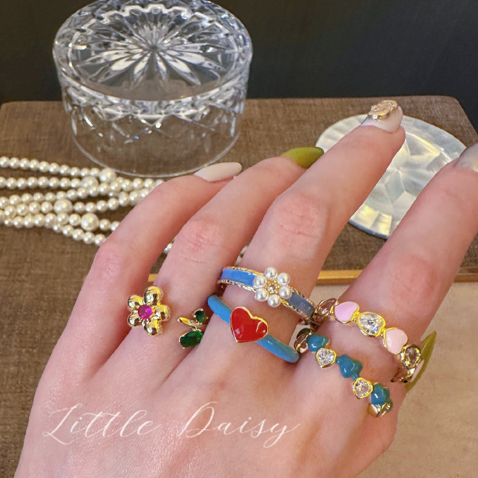 little daisy珐琅爱心多巴胺高级感 爱心彩釉指环可调节开口戒指