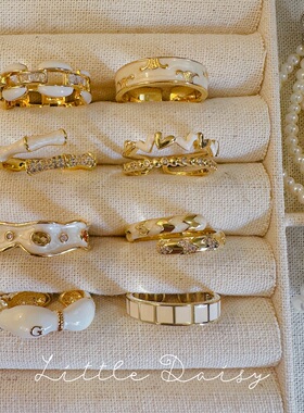 Little Daisy时髦老钱风知识分子白色珐琅釉优雅百搭气质开口戒指