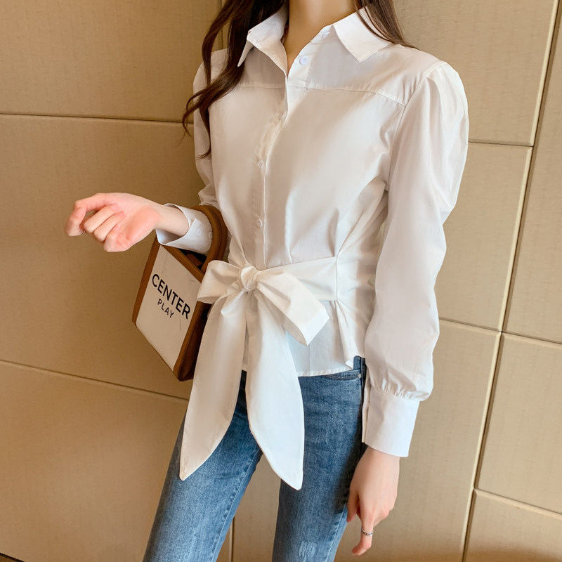 实拍流金岁月倪妮朱锁锁同款衣服2021新款白色收腰蝴蝶结短款衬衫