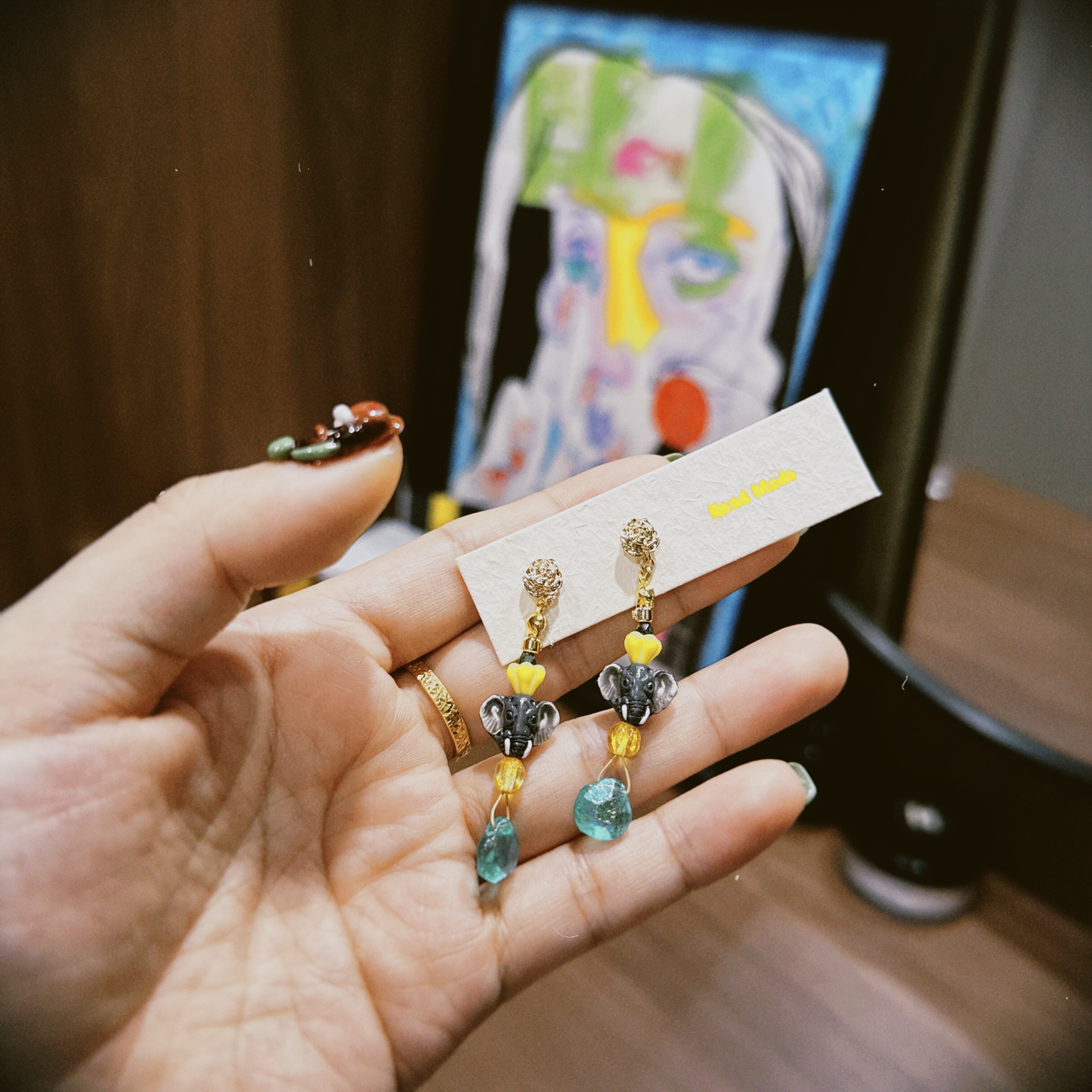 神经手作原创设计孤品捷克琉璃配珠稀有秘鲁陶瓷小众大象耳钉配饰