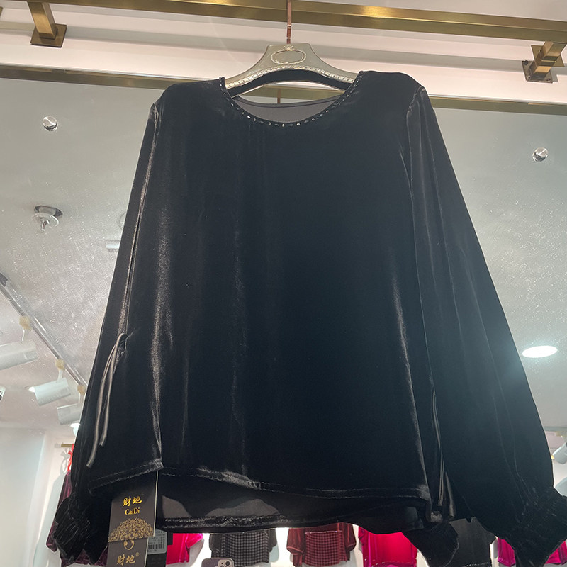 圆领手工串珠长袖真丝丝绒上衣