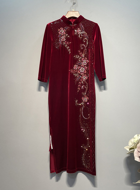 2025夏新款水滴领串珠七分袖修身中国风中长款婚礼婚宴装23822