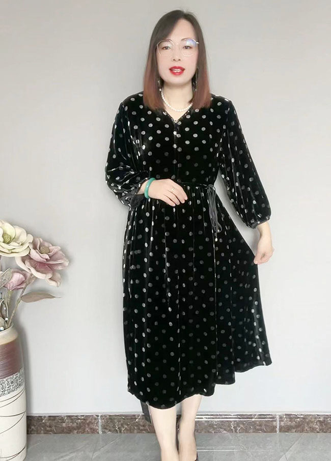 V领桑蚕丝植绒提花长款连衣裙女
