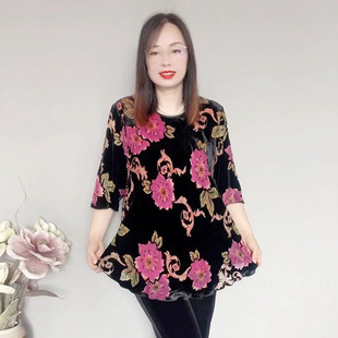 2024夏季新款圆领桑蚕丝植绒提花加肥加大妈妈装上衣财地CD079女