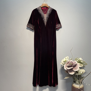 2025冬季新款V领烫钻五分袖长款婚宴礼服喜婆婆妈妈装连衣裙89208