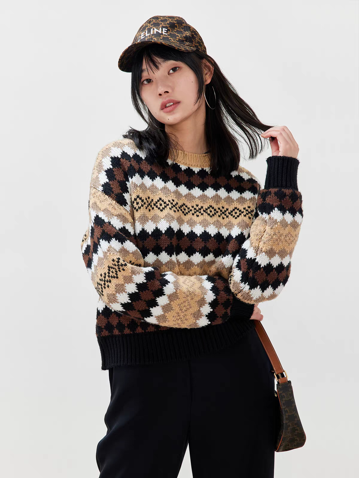 丨25%WOOL 6色提花工艺菱形格廓形针织套衫毛衣 秋冬