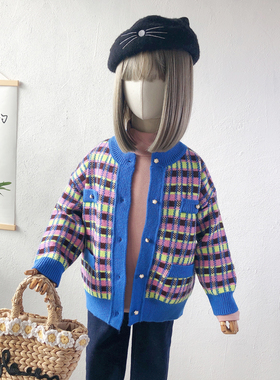 大E小e女童毛衣秋冬新款中大童小香风韩版格子针织开衫26671