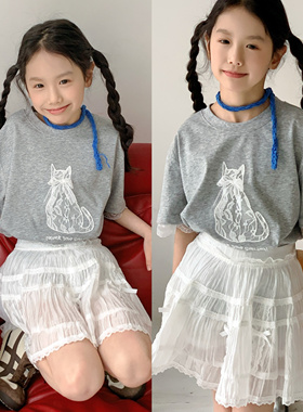 2025牛哆哆夏蕾丝边休闲宽松卡通猫咪短袖T恤中大童洋气半袖69035