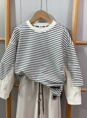 秋款女童条纹卫衣牛哆哆拼接款设计风休闲套头打底上衣33932