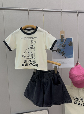 童乐鱼2024夏季新款拼色短袖T恤洋气短款中大童修身卡通上衣57322