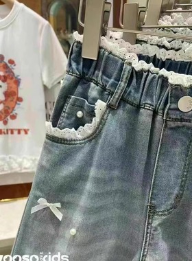 吾束2025夏新款甜美女童蕾丝边珍珠蝴蝶结薄牛仔裤直筒长裤88790