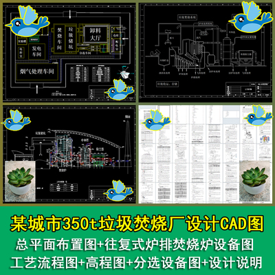 某城市350t垃圾焚烧厂设计总平面高程图分选设备图CAD带设计说明