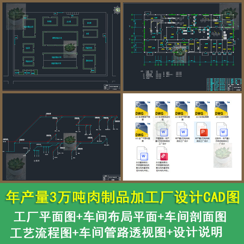 年产量3万吨肉制品加工厂车间平面布置图透视图cad图带设计说明书