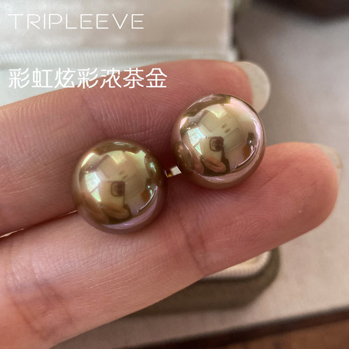 月光彩虹浓茶金！绿紫伴彩南洋金珠珍珠耳钉耳夹高跟鞋耳钩s925银