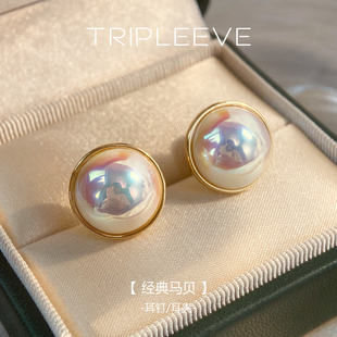 星空马贝珍珠耳钉经典 Vintage复古半圆高级感耳环925银无耳洞耳夹