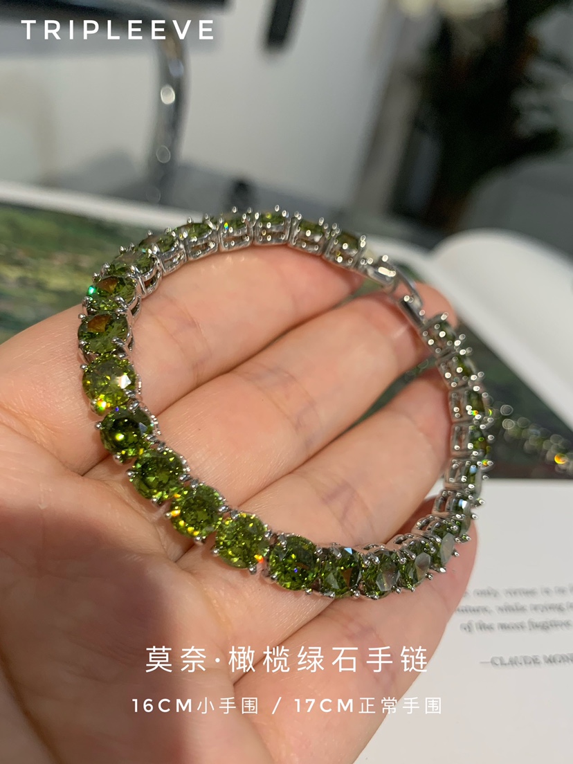 三面夏娃原创自制/莫奈橄榄绿石油画色绝美手链脚链925纯银小手围