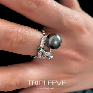 马蹄大溪地黑珍珠戒指澳白天女南洋金珠s925纯银施家开口指环轻奢