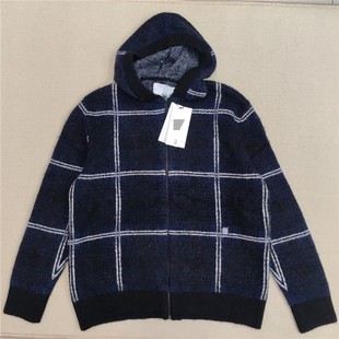 美系高端时尚品牌男款连帽拉链开衫款格纹厚款纯的山羊绒毛衣外套