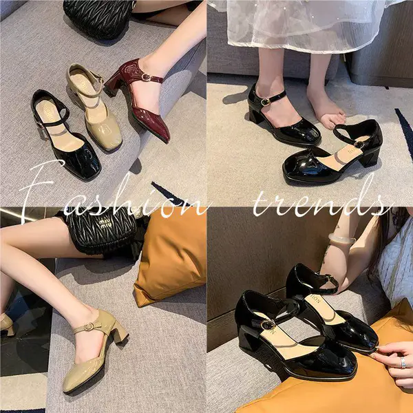202539漆皮Scenic夏新款一字扣带包头凉鞋方头中跟女