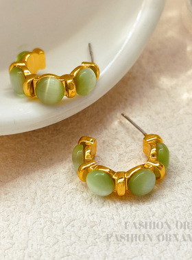 铜镀真金S925银针级感小清新绿色猫眼C字圈耳钉ins风耳环女1637