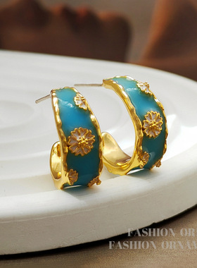 原创S925银针级感C字小雏菊耳钉夏季薄荷蓝色耳环气质耳饰2594