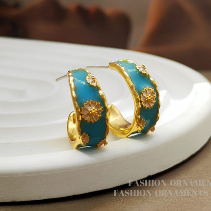 原创S925银针级感C字小雏菊耳钉夏季薄荷蓝色耳环气质耳饰2594