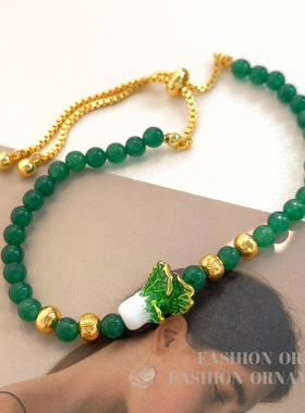 复古新中式小众白菜设计手串气质高级感绿色手链可调节手饰品
