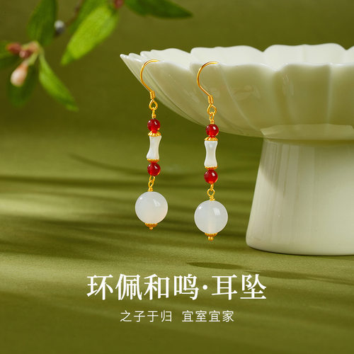 天然白玉髓红玛瑙白贝竹节耳坠女S925纯银耳钩新中式旗袍配饰耳饰