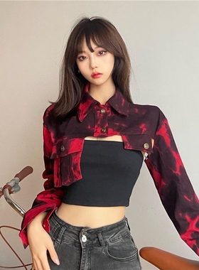 爵士舞演出服不规则长袖外套炸街年会红色潮酷帅气超短工装上衣女