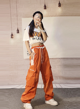 jazz橙色短袖上衣hiphop爵士街舞套装嘻哈帅酷宽版休闲束脚裤女