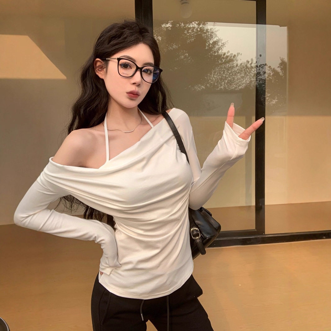 纯欲风一字肩褶皱修身长袖T恤女秋冬港味辣妹挂脖荡领假两件上衣