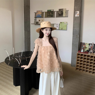 蕾丝衫 夏季 韩系重工网纱小飞袖 上衣女装 甜美风蓬蓬无袖 娃娃衫
