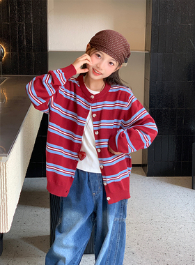 【miu风条纹】西西家女童2025秋新款针织开衫儿童休闲外套DF15903