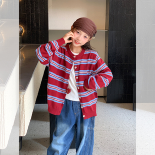 【miu风条纹】西西家女童2025秋新款针织开衫儿童休闲外套DF15903