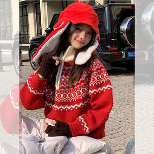 【圣诞费尔岛】西西家女童2025冬款儿童半拉链提花套头毛衣JXS162