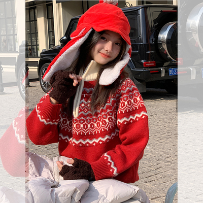 西西家女童冬款半拉链提花毛衣