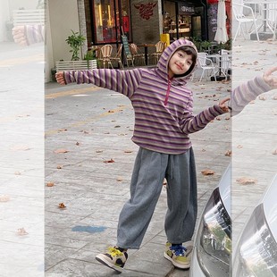 条纹T恤休闲上衣JX9008 西西家女童连帽上衣2025秋长袖 彩虹帽