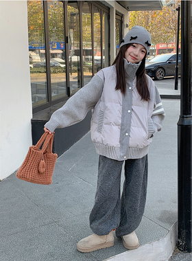 西西家女童2025冬季新款潮流立领毛衣拼接外套儿童休闲上衣JX5159