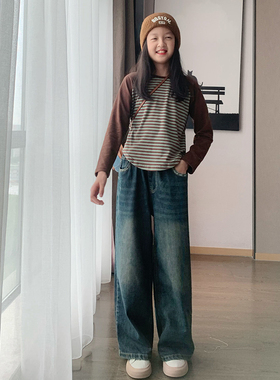 西西家2025秋女童条纹长袖T恤时尚复古风高级感上衣潮