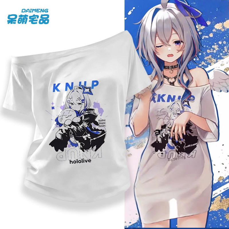 Hololive天音彼方民VTuberPP天使露肩短袖斜肩一字肩T恤女cos痛衣图片