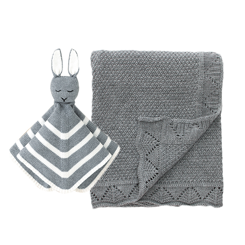 婴儿针织毯薄四季盖毯100*80CM灰色可爱兔子安抚巾2件套宝宝礼物