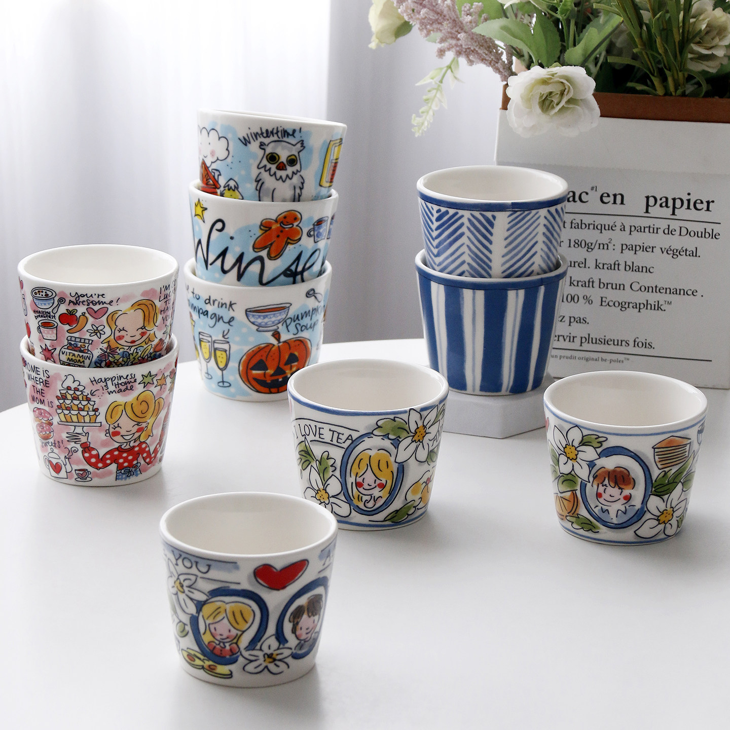 创意陶瓷小茶杯可爱卡通无把手小杯子家用可叠放品茗花茶咖啡水杯,餐饮具,茶杯,淘宝优惠券,粉丝福利购,淘宝优惠卷