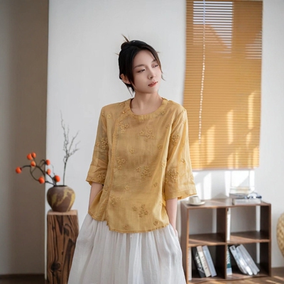 斜襟茶服满绣提花苎麻高品质上衣