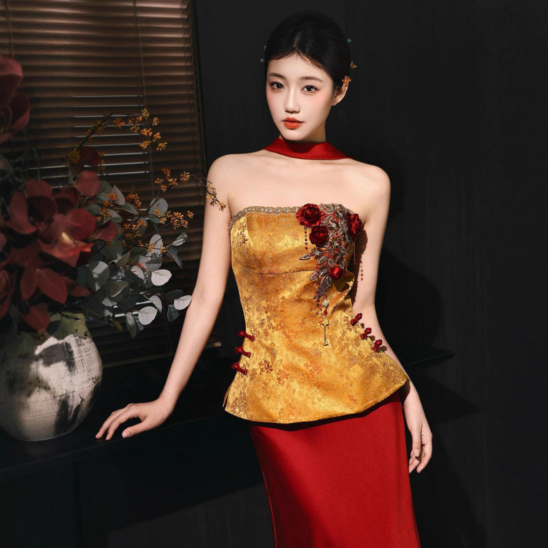 新中式晨袍女敬酒服新娘订婚结婚礼服连衣裙轻奢小众回门服鱼尾裙