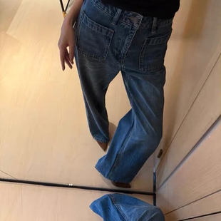 显瘦百搭长裤 新款 女2025秋季 现货复古水洗立体剪裁口袋直筒牛仔裤